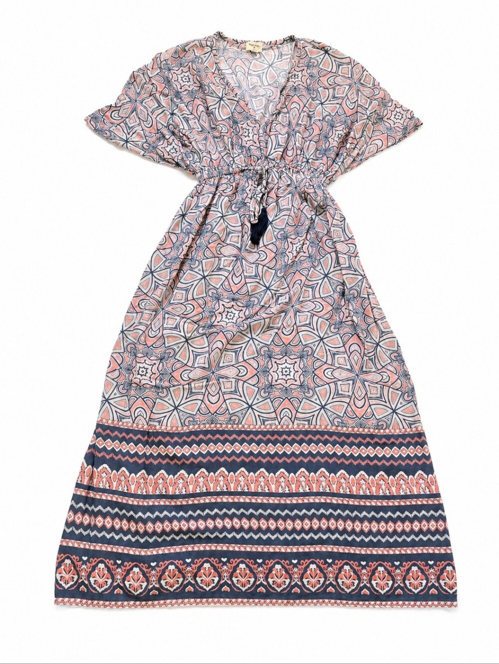 World Market Boho Maxi Dress Women's S/M Pink Blue Geometric Tassel Tie
